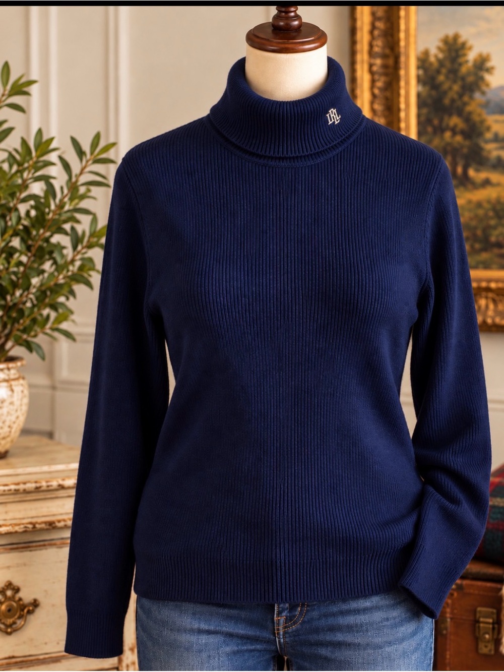 Lauren Ralph Lauren - vintage Y2K- Navy Ribbed Turtleneck Sweater/ 100% cotton